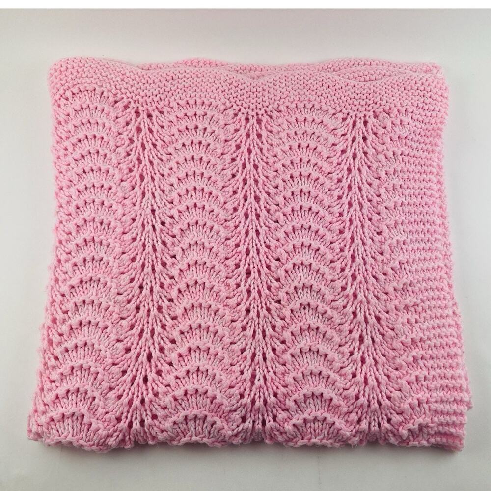 Hand Knit Crochet Baby Blanket Pink Ripple Wave Soft Dot Edging Trim Shell Open